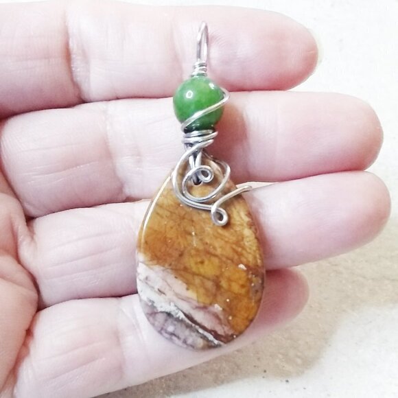 Rustic Green & Brown Jasper Combo! Uniquely Wire Wrapped Pendant! - Picture 2 of 6